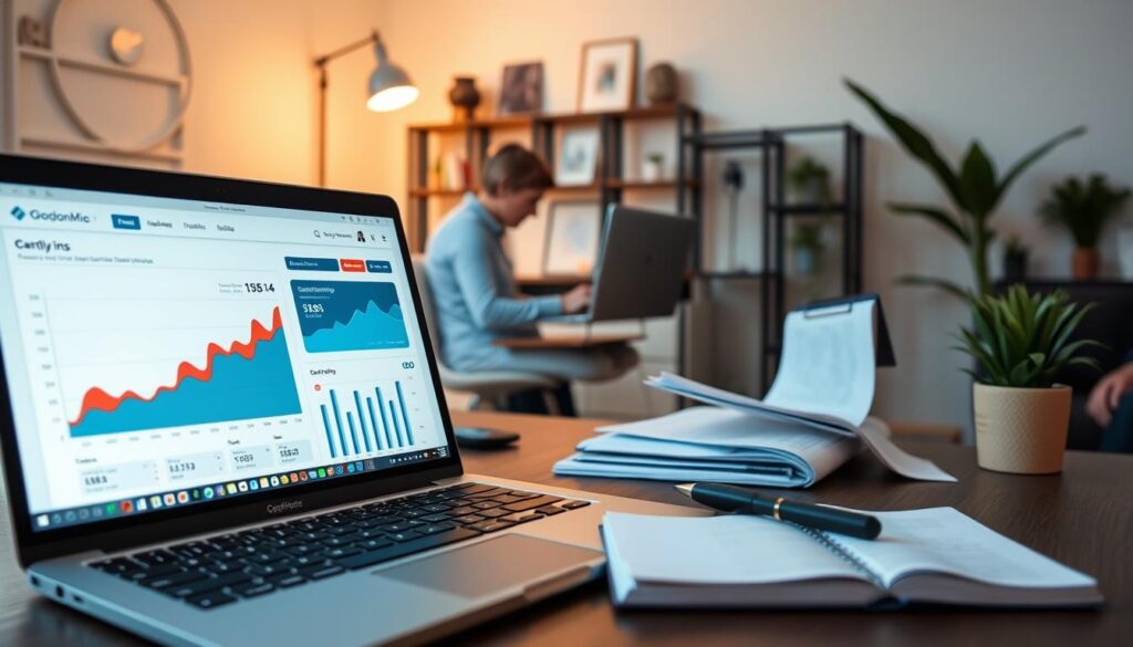 A stylish and modern digital marketing scene showcasing the power of SEO and content strategy to drive sales. In the foreground, a laptop displays an analytics dashboard with performance metrics and sales figures. In the middle ground, a content creator crafts engaging blog posts and social media updates, optimized for search engines. In the background, a sleek home office setup with minimalist decor and warm lighting creates a productive atmosphere. The overall mood is one of focus, efficiency, and the rewarding potential of data-driven digital marketing.