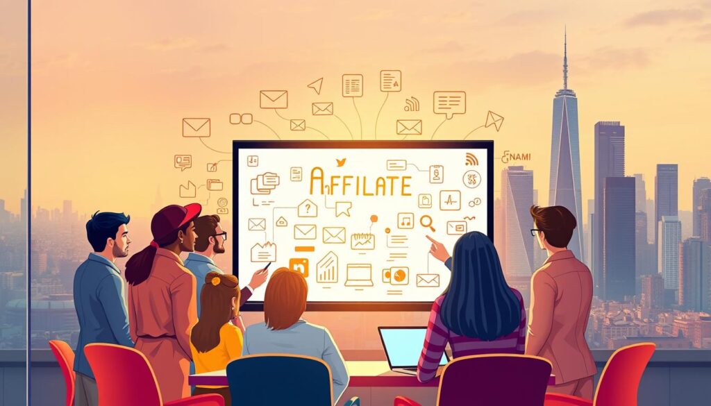 A vibrant and dynamic illustration of digital marketing strategies for affiliate marketers. In the foreground, a diverse team of affiliates collaborate, brainstorming ideas on a sleek digital whiteboard. The middle ground showcases an array of online advertising channels such as social media, email, and search engine optimization. In the background, a towering cityscape represents the global reach and potential of affiliate marketing. The scene is bathed in warm, directional lighting, creating a sense of productivity and innovation. The overall mood is one of professional, tech-savvy collaboration aimed at driving successful affiliate marketing campaigns.