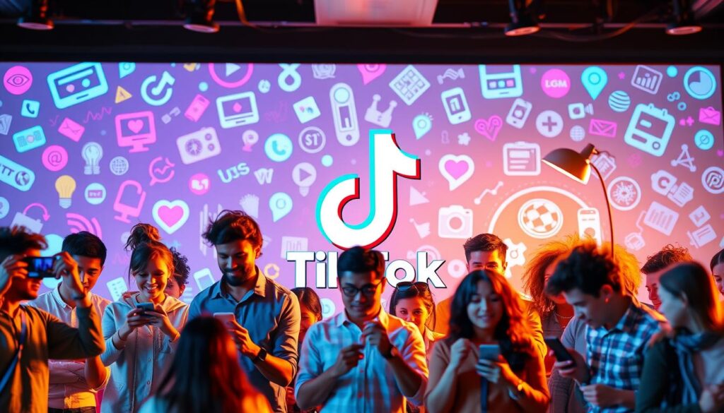 A vibrant and visually engaging image depicting "Organic TikTok Strategies". In the foreground, a group of diverse individuals are engaged in various social media activities, such as filming, editing, and sharing content on their mobile devices. The middle ground showcases a stylized TikTok logo, serving as the central focus. In the background, a dynamic and abstract pattern of swirling TikTok icons and data visualizations creates a sense of movement and technological energy. The lighting is soft and warm, creating a inviting and inspirational atmosphere. The overall composition conveys the idea of a successful, collaborative, and organic approach to building a strong TikTok presence.