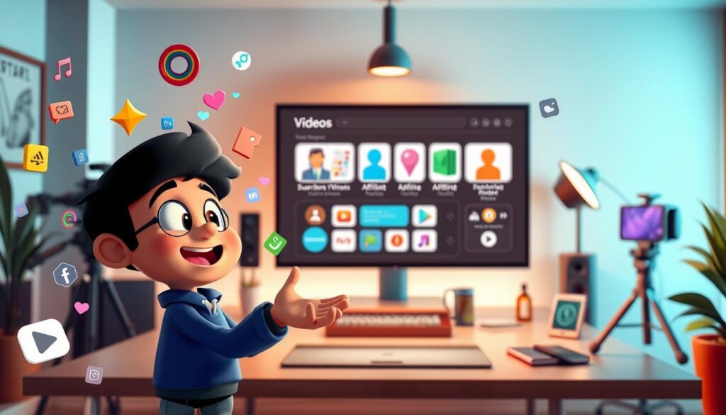 A vibrant, animated scene depicting various ways to monetize animated videos. In the foreground, a captivating character animates a series of engaging visuals, with colorful graphics, icons, and interactive elements floating around. In the middle ground, a display shows different monetization strategies, such as ad integration, affiliate marketing, and subscription models. The background features a sleek, modern workspace with a computer, camera, and other video production tools, conveying the professional and tech-savvy nature of the subject. The lighting is soft and warm, creating a inviting and inspirational atmosphere. The overall composition should feel dynamic, visually appealing, and representative of the "Explorando Outras Formas de Ganhar Dinheiro com Vídeos Animados" section.