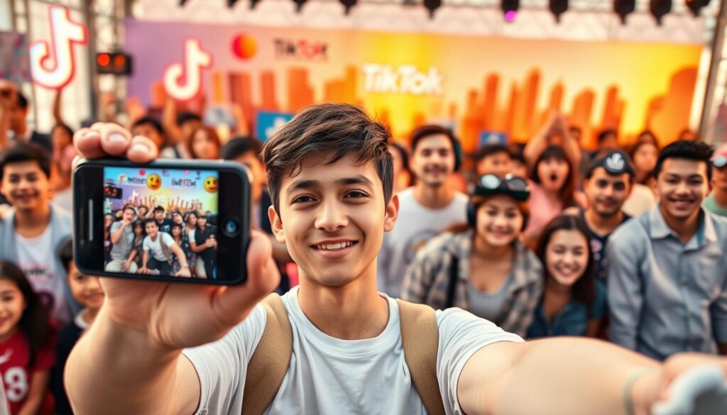 A vibrant, authentic TikTok feed showcasing a diverse array of content creators. The foreground features a young person filming themselves with a smartphone, their expression engaged and genuine. The middle ground includes a mix of trending visuals, such as colorful graphics, eye-catching transitions, and playful stickers or emojis. The background depicts a lively, visually stimulating environment, with elements that evoke the energy and creativity of the TikTok platform - perhaps a city skyline, a energetic crowd, or a dynamic stage-like setting. The overall mood is youthful, energetic, and true to the spirit of authentic TikTok content. Lighting is natural and warm, with a sense of spontaneity and immediacy. The lens is wide enough to capture the full scene, with a shallow depth of field to draw the viewer's eye to the central subject.