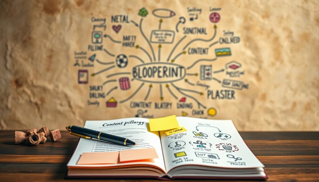 A vibrant, authentic content strategy blueprint with hand-drawn icons and illustrations. The foreground features an open notebook with a pen, sticky notes, and a graphic showing key content pillars. The middle ground showcases a colorful mind map with interconnected ideas and concepts. The background has a textured, earthy tone, evoking a sense of natural creativity. The lighting is soft and warm, with a subtle vignette effect. The entire scene has a hand-crafted, artisanal feel, reflecting the "authentic" nature of the content. The composition is balanced and visually engaging, guiding the viewer's eye through the various layers of the strategy.