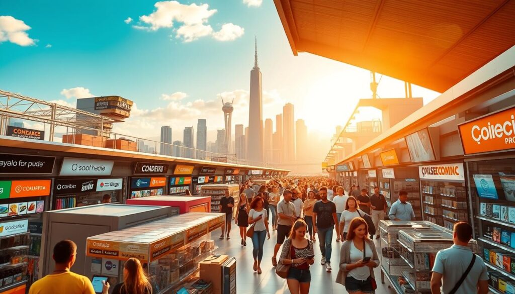 A vibrant, bustling Brazilian digital marketplace, bathed in warm, golden sunlight. In the foreground, a dynamic array of virtual storefronts, each showcasing a diverse range of digital products and services. The middle ground features a throng of tech-savvy shoppers, navigating the digital aisles with their mobile devices, immersed in the seamless e-commerce experience. In the background, a towering, futuristic skyline of gleaming skyscrapers and tech hubs, symbolizing the rapid growth and innovation of Brazil's digital economy. The scene radiates a sense of energy, opportunity, and the endless possibilities of the digital age.