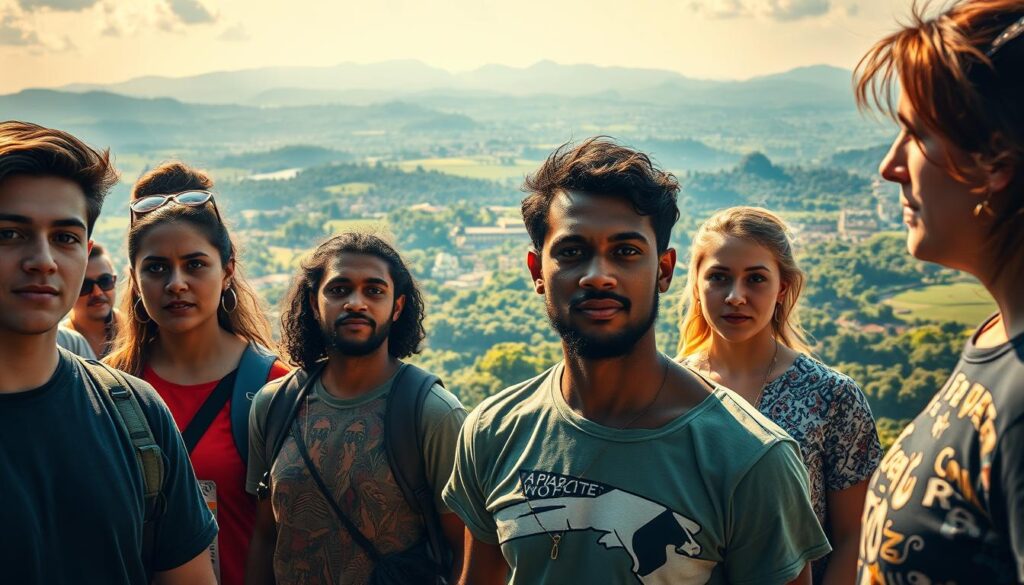 A vibrant, cinematic scene depicting real-life stories of overcoming comfort zones. In the foreground, individuals stand resolute, faces filled with determination as they break free from the constraints of their comfort zones. The middle ground reveals a diverse array of activities and experiences, representing the transformative journeys they've undertaken. In the background, a tapestry of lush, dynamic landscapes unfolds, symbolizing the rich, evolving realities they've embraced. Warm, natural lighting illuminates the scene, casting a sense of optimism and empowerment. Captured with a wide-angle lens, the composition conveys a sense of expansive possibility and newfound freedom. A vibrant, cinematic scene depicting real-life stories of overcoming comfort zones. In the foreground, individuals stand resolute, faces filled with determination as they break free from the constraints of their comfort zones. The middle ground reveals a diverse array of activities and experiences, representing the transformative journeys they've undertaken. In the background, a tapestry of lush, dynamic landscapes unfolds, symbolizing the rich, evolving realities they've embraced. Warm, natural lighting illuminates the scene, casting a sense of optimism and empowerment. Captured with a wide-angle lens, the composition conveys a sense of expansive possibility and newfound freedom.