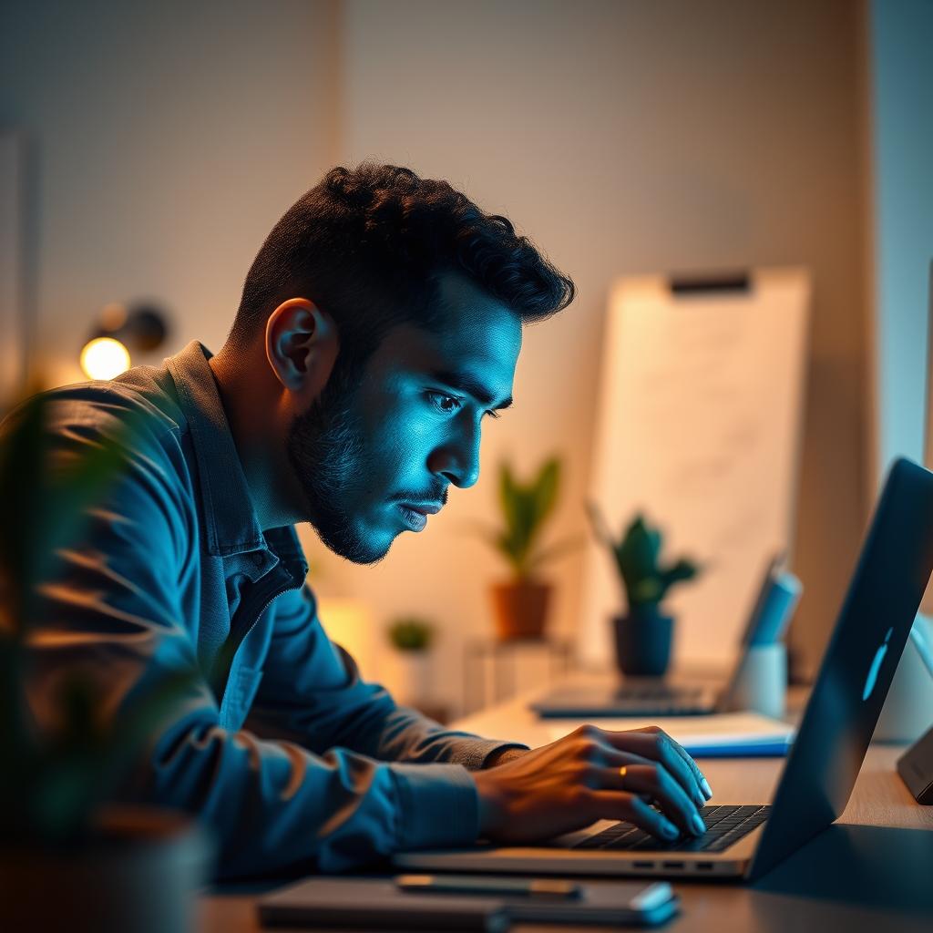 A vibrant, cinematic scene of a Brazilian person intently studying a laptop, surrounded by a motivational, tech-savvy atmosphere. Soft, warm lighting casts a glow across the workspace, evoking a sense of discovery and opportunity. In the foreground, the figure leans forward, brows furrowed in concentration, hands poised over the keyboard. Blurred elements in the background suggest a modern, minimalist office setting - potted plants, geometric decor, and the faint outline of a whiteboard. The overall mood is one of focus, inspiration, and the endless possibilities of the digital world.