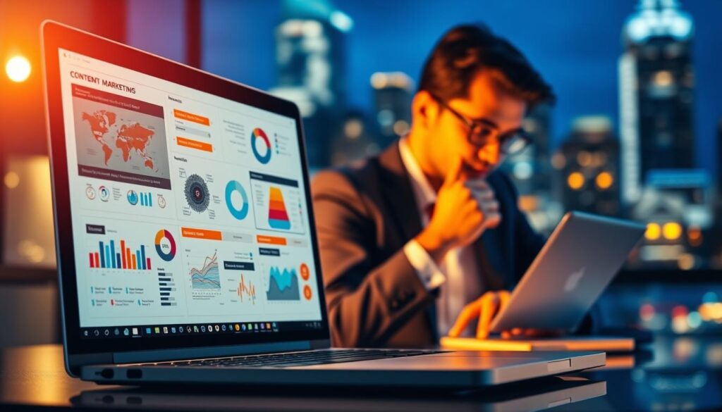 A vibrant collage showcasing the essence of "conteúdo marketing" in a digital landscape. In the foreground, a laptop screen displays a visually compelling presentation, with infographics, charts, and engaging visuals. In the middle ground, a person, hands poised over a keyboard, thoughtfully crafts content, their face illuminated by the glow of the screen. The background features a blurred cityscape, symbolizing the modern, fast-paced digital world. Warm lighting casts a subtle glow, creating a professional, yet creative atmosphere. The composition conveys the strategic, analytical, and visually-driven nature of effective content marketing.