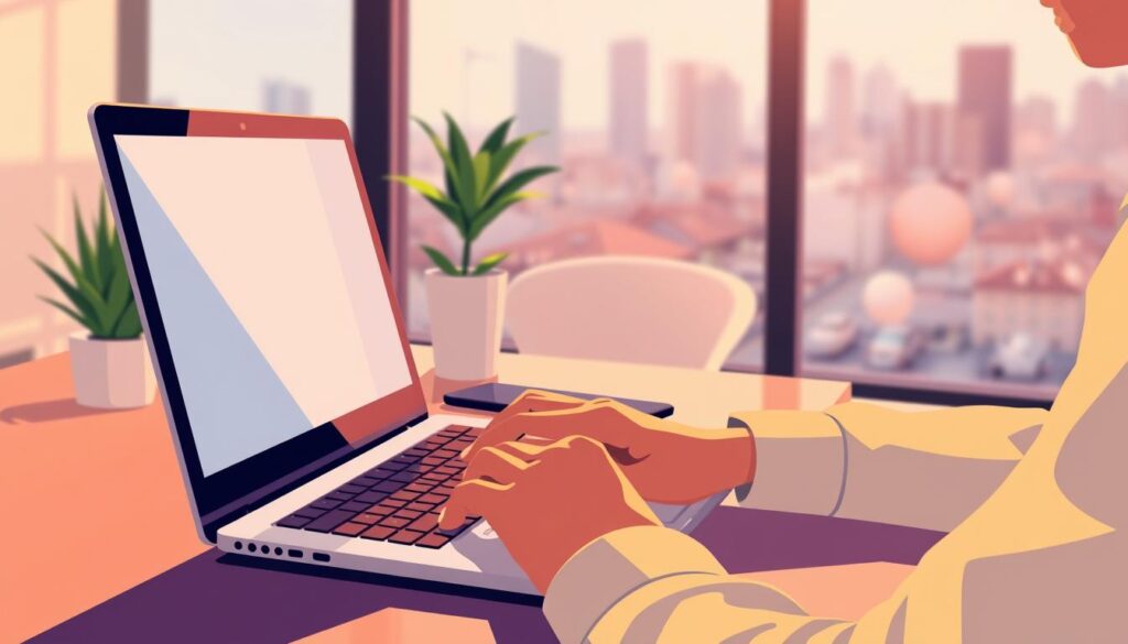 A vibrant digital illustration depicting a person sitting at a desk, intently focused on a laptop screen. The foreground showcases the person's hands typing on the keyboard, reflecting the action of "inscrever programa afiliados". The mid-ground features a modern, minimalist office setting with a sleek desk, potted plant, and a smartphone on the side. The background hints at a blurred cityscape, conveying a sense of urban sophistication. The lighting is soft and warm, creating a cozy, productive atmosphere. The overall composition and color palette evoke a professional, contemporary vibe suitable for the article's subject matter.
