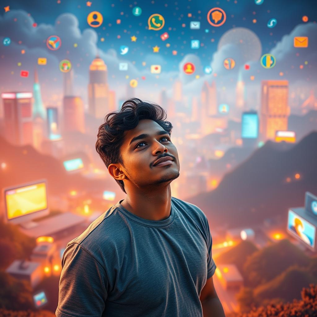A vibrant digital landscape, bustling with the possibilities of social media and online marketing. A Brazilian person stands in the foreground, eyes alight with inspiration, poised to harness the power of platforms like ChatGPT to create engaging content and drive business success. The scene is bathed in a warm, motivational glow, hinting at the transformative potential of these emerging technologies. Crisp, high-resolution details capture the excitement and energy of this digital frontier, where the future of marketing and content creation is being forged.