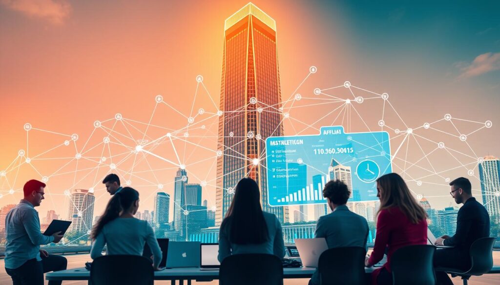 A vibrant digital marketing scene with affiliate network components. In the foreground, a group of diverse affiliates collaborate, sharing insights and strategies on sleek laptops. The middle ground features an intricate web of interconnected affiliate links, commissions, and conversion metrics displayed on a futuristic dashboard. In the background, a towering corporate skyscraper symbolizes the business opportunities within the affiliate marketing ecosystem, bathed in a warm, golden light. The overall atmosphere conveys a sense of dynamism, innovation, and the potential for lucrative revenue streams through effective affiliate marketing practices. A vibrant digital marketing scene with affiliate network components. In the foreground, a group of diverse affiliates collaborate, sharing insights and strategies on sleek laptops. The middle ground features an intricate web of interconnected affiliate links, commissions, and conversion metrics displayed on a futuristic dashboard. In the background, a towering corporate skyscraper symbolizes the business opportunities within the affiliate marketing ecosystem, bathed in a warm, golden light. The overall atmosphere conveys a sense of dynamism, innovation, and the potential for lucrative revenue streams through effective affiliate marketing practices.