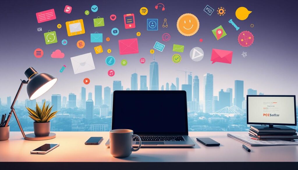 A vibrant digital workspace filled with the tools of the freelance trade. In the foreground, a laptop, smartphone, and coffee mug sit on a sleek, minimalist desk. Floating above are colorful icons and graphics representing various online freelance opportunities - web design, content creation, programming, virtual assistance, and more. The middle ground features a stylized cityscape with skyscrapers in the distance, conveying the global, connected nature of the digital freelance economy. Soft, warm lighting illuminates the scene, creating a sense of productivity and opportunity. The overall mood is one of excitement, possibility, and the empowerment of digital independence.