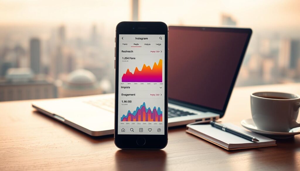 A vibrant, dynamic image depicting "alcance e impressões instagram". In the foreground, a smartphone display showcases Instagram analytics, with colorful graphs and charts illustrating reach, impressions, and engagement metrics. The middle ground features a minimalist desktop workspace, with a laptop, notepad, and a cup of coffee, creating a productive, analytical atmosphere. The background is filled with a blurred city skyline, suggesting the global scale and interconnectivity of the Instagram platform. The scene is bathed in warm, soft lighting, creating a professional, yet approachable tone. The overall composition conveys the importance of understanding and optimizing Instagram performance to drive business growth and social media success.