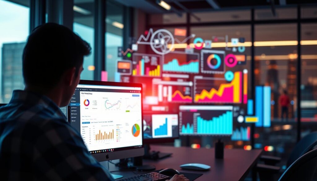 A vibrant, dynamic image showcasing the benefits of marketing automation. In the foreground, a computer display illuminates the workspace, depicting a user seamlessly navigating a sophisticated marketing dashboard. Surrounding this, a middle ground of colorful data visualizations, charts, and analytics tools convey the power of data-driven decision making. In the background, a subtle cityscape or office environment suggests the professional setting where these marketing strategies are executed. The overall mood is one of efficiency, productivity, and the strategic application of technology to drive business growth and success. A vibrant, dynamic image showcasing the benefits of marketing automation. In the foreground, a computer display illuminates the workspace, depicting a user seamlessly navigating a sophisticated marketing dashboard. Surrounding this, a middle ground of colorful data visualizations, charts, and analytics tools convey the power of data-driven decision making. In the background, a subtle cityscape or office environment suggests the professional setting where these marketing strategies are executed. The overall mood is one of efficiency, productivity, and the strategic application of technology to drive business growth and success.