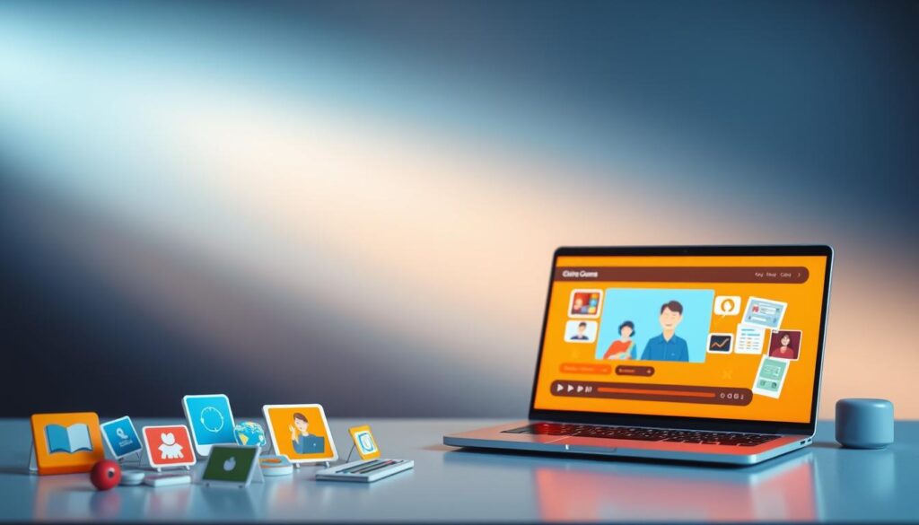 A vibrant, dynamic online course platform set against a sleek, modern backdrop. In the foreground, a collection of colorful, illustrated course icons and thumbnails, each representing a different subject or skill. In the middle ground, a stylized laptop display showcases an engaging video lecture, its warm lighting and crisp visuals drawing the viewer in. The background features a soft, blurred gradient of blues and grays, evoking a sense of professionalism and digital expertise. The overall scene conveys a compelling, comprehensive online learning experience, perfect for showcasing the opportunities of creating and selling courses in the digital space.