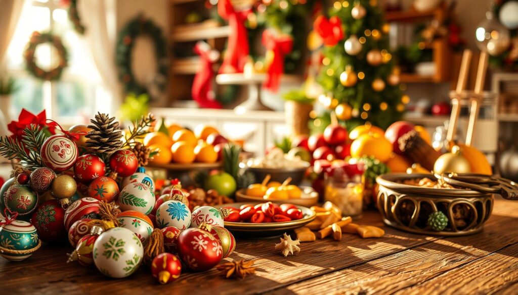A vibrant, dynamic scene of seasonal dates and celebrations. In the foreground, an array of colorful, hand-painted ornaments and decorations adorn a rustic wooden table, casting warm, soft lighting across the scene. In the middle ground, a mix of fresh fruits, spices, and traditional seasonal treats are arranged in an eye-catching display. The background features a cozy, inviting interior with hints of holiday decor, evoking a sense of festive cheer and abundance. Warm, golden tones permeate the image, creating a comforting, homely atmosphere. The composition emphasizes the tactile, sensory experience of these seasonal delights, inviting the viewer to immerse themselves in the joyful spirit of the occasion.