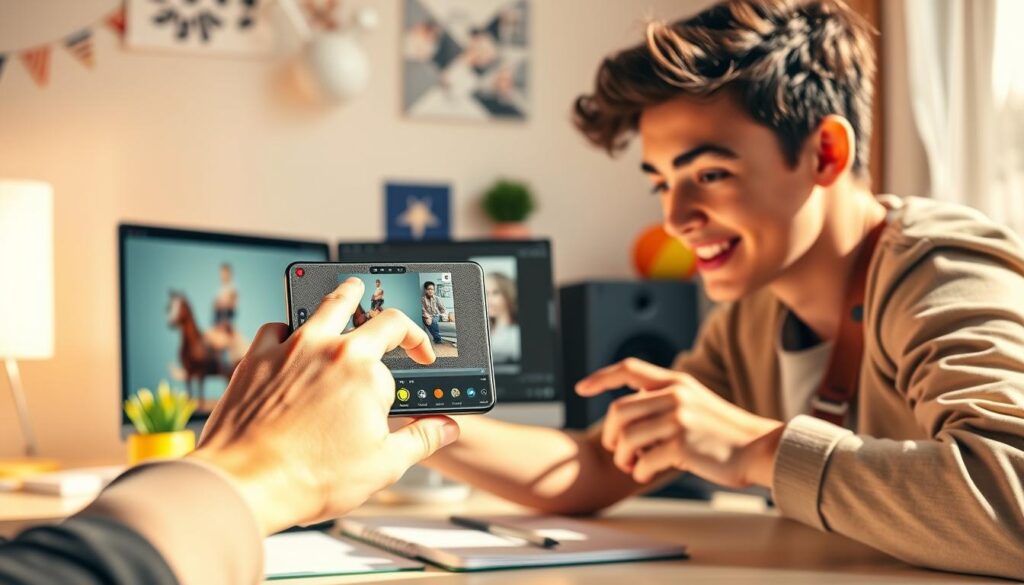 A vibrant, engaging social media post featuring a young, creative person crafting original content on a digital device. The foreground shows their hands skillfully editing an image or video, with a look of focus and inspiration on their face. The middle ground showcases a minimalist desktop setup with colorful, trendy decor elements. The background has a soft, blurred effect, hinting at an energetic, modern workspace. Warm, natural lighting casts a pleasant glow, and the composition uses dynamic angles to convey a sense of dynamism and productivity. The overall mood is one of creativity, authenticity, and digital content creation. A vibrant, engaging social media post featuring a young, creative person crafting original content on a digital device. The foreground shows their hands skillfully editing an image or video, with a look of focus and inspiration on their face. The middle ground showcases a minimalist desktop setup with colorful, trendy decor elements. The background has a soft, blurred effect, hinting at an energetic, modern workspace. Warm, natural lighting casts a pleasant glow, and the composition uses dynamic angles to convey a sense of dynamism and productivity. The overall mood is one of creativity, authenticity, and digital content creation.