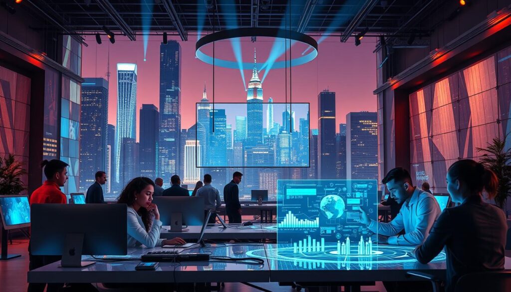 A vibrant, futuristic scene depicting the intersection of marketing, technology, and artificial intelligence. In the foreground, a group of diverse professionals collaborate at sleek, minimalist workstations, surrounded by holographic displays and cutting-edge digital tools. The middle ground features a large, suspended screen showcasing dynamic data visualizations and insights, while the background is dominated by a cityscape of towering, gleaming skyscrapers – a symbol of the rapid advancement of the tech industry. The lighting is a balance of warm, ambient tones and cool, directional beams, creating a sense of energy and innovation. The overall atmosphere conveys a sense of excitement and possibility, reflecting the transformative power of technology in the field of digital marketing.