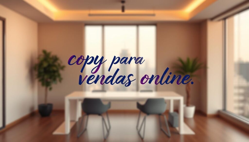 A vibrant, hand-lettered "copy para vendas online" sign against a warm, inviting backdrop. The sign is crafted with an elegant, calligraphic script, exuding a sense of professionalism and creativity. The foreground features the sign in the center, with subtle lighting highlighting the intricate brushstrokes. The middle ground showcases a minimalist, modern office space, with clean lines and neutral tones that complement the sign. The background portrays a softly blurred cityscape, hinting at the urban setting where online sales and copywriting thrive. The overall composition conveys the importance of compelling copywriting for successful online sales.