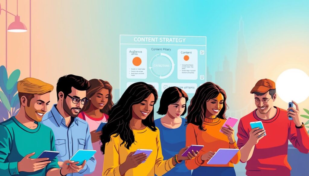 A vibrant illustration of a content strategy for a target audience. In the foreground, a group of diverse people engaging with content on various digital devices, their expressions conveying interest and understanding. In the middle ground, a central infographic or visualization depicting the key elements of the content strategy, such as audience segmentation, content pillars, and distribution channels. The background features a stylized cityscape or workspace, representing the real-world context in which the content strategy is being implemented. The lighting is warm and inviting, with a sense of momentum and collaboration. The overall composition creates a dynamic, informative, and visually engaging scene that captures the essence of developing a tailored content strategy for a specific target audience. A vibrant illustration of a content strategy for a target audience. In the foreground, a group of diverse people engaging with content on various digital devices, their expressions conveying interest and understanding. In the middle ground, a central infographic or visualization depicting the key elements of the content strategy, such as audience segmentation, content pillars, and distribution channels. The background features a stylized cityscape or workspace, representing the real-world context in which the content strategy is being implemented. The lighting is warm and inviting, with a sense of momentum and collaboration. The overall composition creates a dynamic, informative, and visually engaging scene that captures the essence of developing a tailored content strategy for a specific target audience.