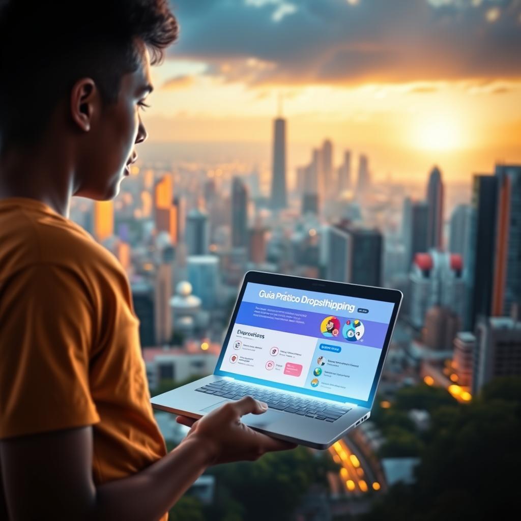A vibrant, inspirational scene depicting a young Brazilian person exploring the world of online business opportunities. In the foreground, a person stands with a confident, determined expression, gazing at a glowing laptop screen showcasing a practical, informative "Guia Prático Dropshipping" interface. The middle ground features a dynamic, colorful cityscape filled with modern architecture and a sense of growth and possibility. The background is bathed in warm, golden light, creating an atmosphere of optimism and motivation. The overall composition conveys a narrative of discovery, entrepreneurship, and the promise of financial success through the national dropshipping landscape in 2025.