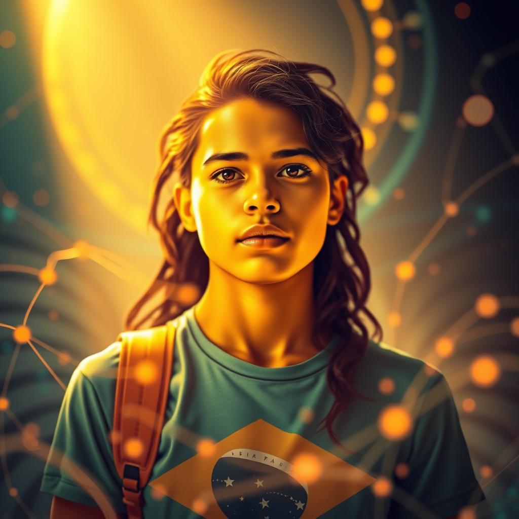 A vibrant, inspirational scene of a Brazilian person standing amidst a digital landscape, exuding a sense of discovery and opportunity. Warm, golden lighting illuminates their face, filled with determination and a forward-looking gaze. The background features abstract, swirling shapes and lines, conveying the dynamic, ever-evolving nature of the online world. The composition is balanced, with the figure occupying the central focus, surrounded by the enveloping digital environment. The overall mood is one of optimism, motivation, and the promise of growth and success.