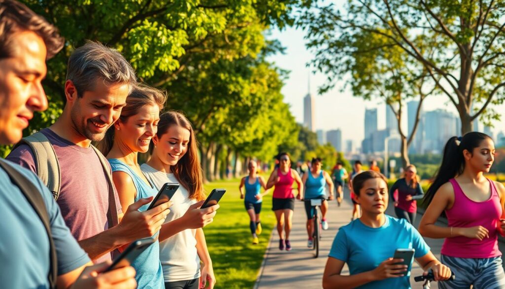 A vibrant outdoor scene depicting people engaged in various physical activities to earn money. In the foreground, a group of individuals using fitness tracking apps on their smartphones, their faces lit by the warm glow of the sun. In the middle ground, joggers and cyclists navigating a lush, tree-lined path, their movements captured in a dynamic blur. In the background, a modern city skyline, a testament to the integration of technology and physical well-being. The image conveys a sense of energy, productivity, and the intersection of technology and fitness, capturing the essence of "Ganhar Dinheiro com Atividades Físicas".