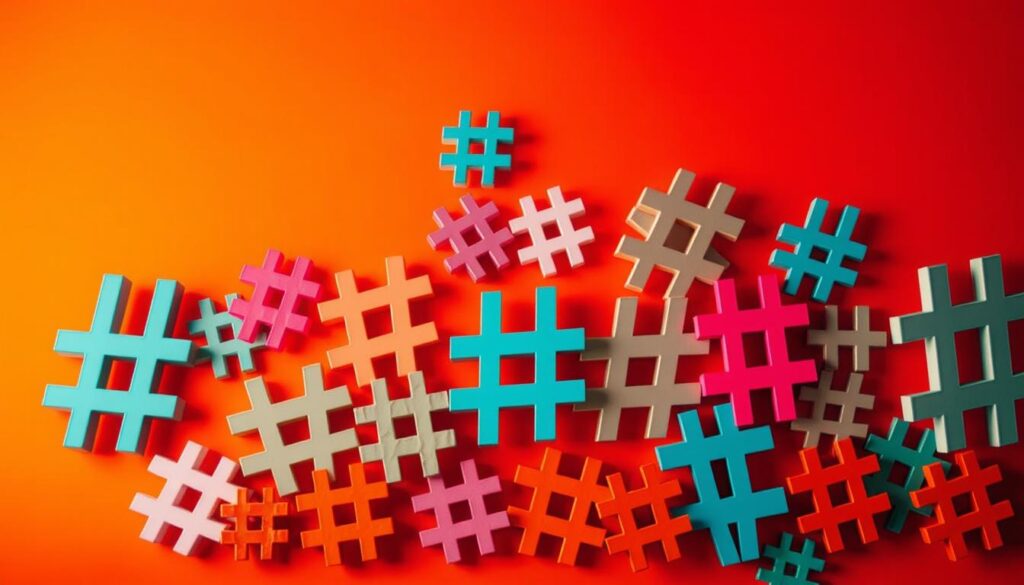 A vibrant, visually striking image showcasing strategic hashtags. Set against a bold, dynamic background, the foreground features a collage of various hashtag symbols in a range of dynamic, eye-catching fonts and styles, carefully curated to represent the power and potential of strategic hashtag usage. The lighting is dramatic, with a mix of warm and cool tones that create depth and visual interest. The overall composition is balanced and intentional, drawing the viewer's attention to the central hashtag elements. The mood is one of energy, creativity, and the promise of digital virality.