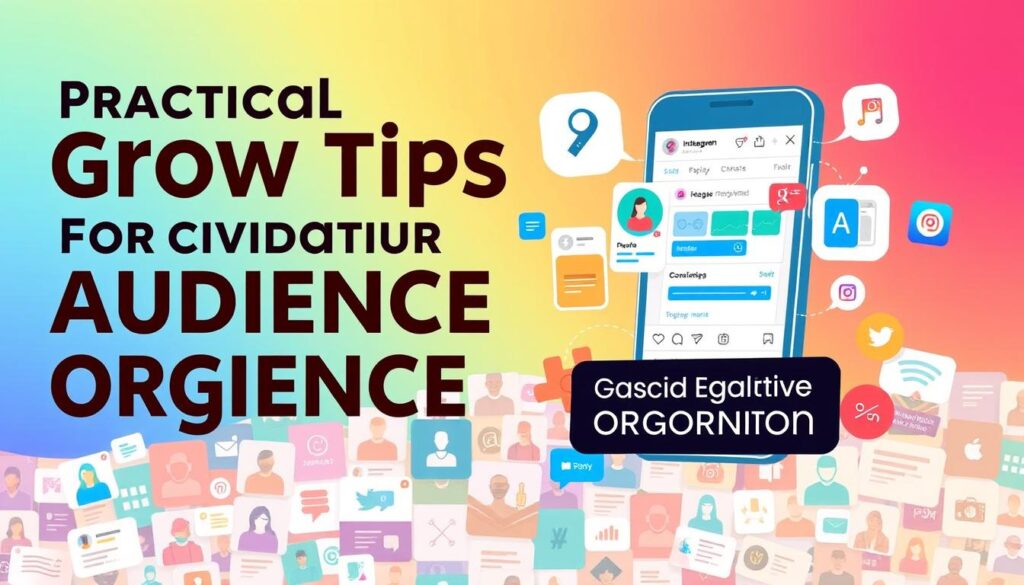 A visually engaging, Instagram-inspired illustration depicting practical tips for growing an audience organically. The foreground features a stylized mobile device displaying a social media dashboard, overlaid with bold, easily digestible icons and graphics representing key growth strategies. The middle ground showcases a collage of user profiles, hashtags, and engagement metrics, while the background features a vibrant, playful gradient pattern evoking the visual language of popular social media apps. The overall aesthetic is modern, colorful, and designed to captivate the viewer with its informative yet visually striking composition. A visually engaging, Instagram-inspired illustration depicting practical tips for growing an audience organically. The foreground features a stylized mobile device displaying a social media dashboard, overlaid with bold, easily digestible icons and graphics representing key growth strategies. The middle ground showcases a collage of user profiles, hashtags, and engagement metrics, while the background features a vibrant, playful gradient pattern evoking the visual language of popular social media apps. The overall aesthetic is modern, colorful, and designed to captivate the viewer with its informative yet visually striking composition.