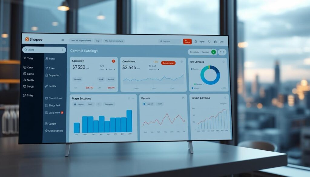 A well-lit, meticulously designed dashboard for managing Shopee commission earnings. In the foreground, a sleek user interface displays real-time sales data, commission breakdowns, and payout summaries. The middle ground features detailed charts and graphs visualizing commission trends over time, with intuitive filtering and sorting options. In the background, a blurred cityscape suggests the dynamic e-commerce landscape the Shopee platform operates within. The overall mood is one of precision, clarity, and empowerment, allowing the user to effortlessly monitor and optimize their Shopee commission earnings.