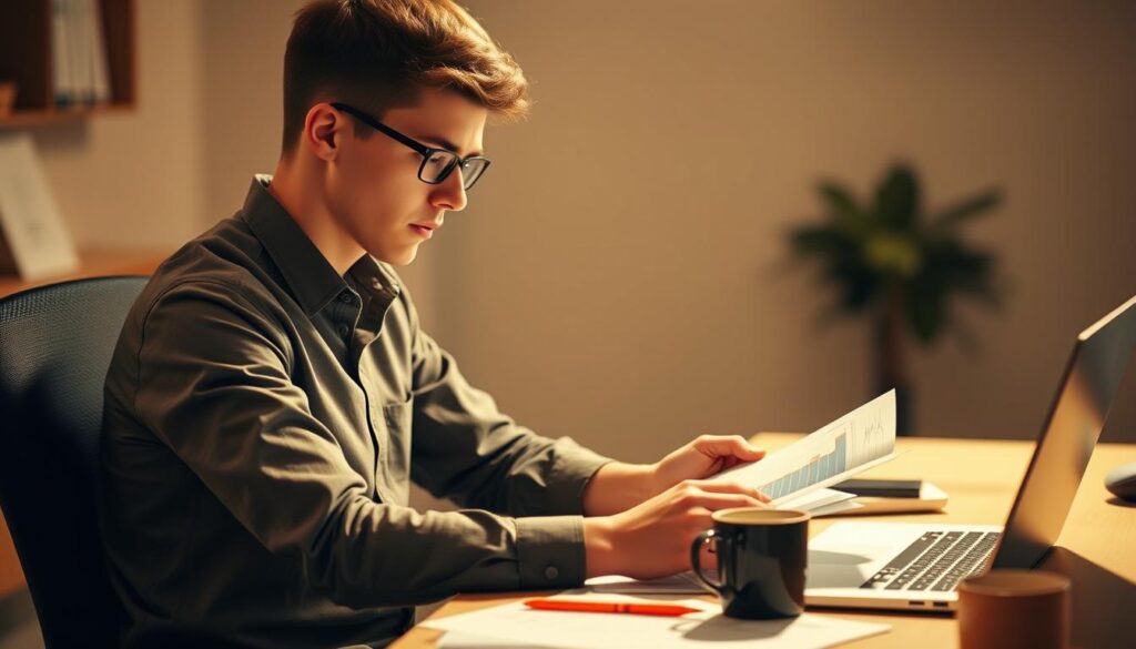 A young adult, dressed in casual but professional attire, sitting at a desk and meticulously reviewing financial documents and spreadsheets. The lighting is soft and warm, creating a contemplative atmosphere. The desk is neatly organized, with a laptop, a calculator, and a cup of coffee nearby, suggesting a focused and efficient approach to personal finance management. The background is blurred, placing the subject in the center of attention, conveying the importance of financial independence and responsibility during the adolescent years. A young adult, dressed in casual but professional attire, sitting at a desk and meticulously reviewing financial documents and spreadsheets. The lighting is soft and warm, creating a contemplative atmosphere. The desk is neatly organized, with a laptop, a calculator, and a cup of coffee nearby, suggesting a focused and efficient approach to personal finance management. The background is blurred, placing the subject in the center of attention, conveying the importance of financial independence and responsibility during the adolescent years.