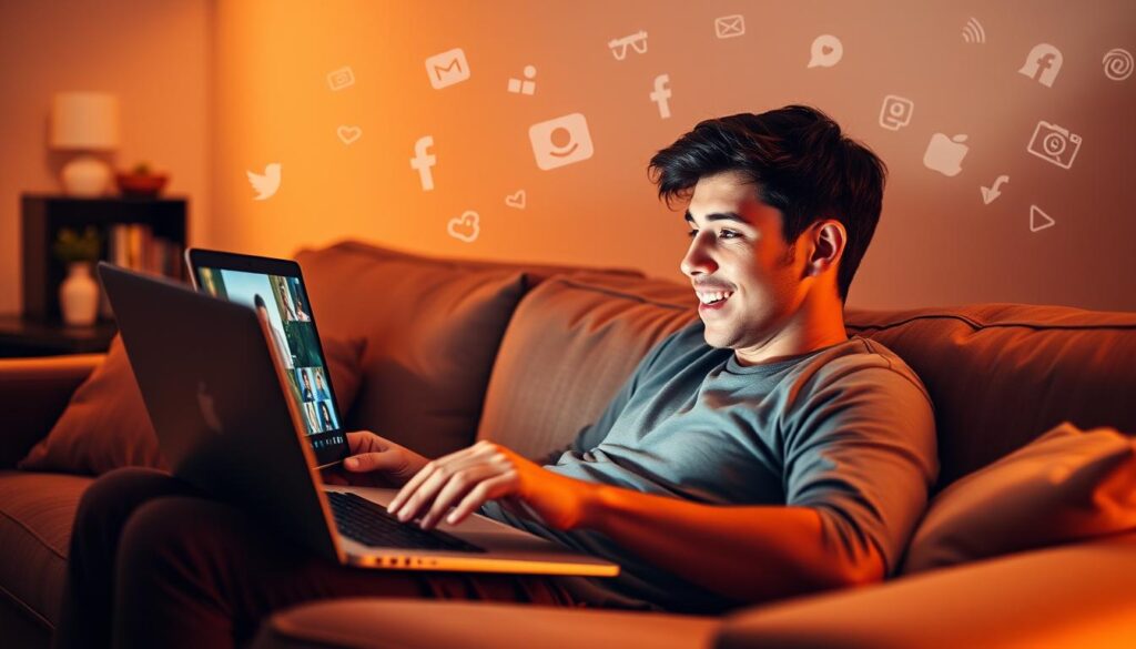 A young man lounging on a couch, laptop open in front of him, as he watches engaging video content on the screen. The room is bathed in warm, soft lighting, creating a cozy, relaxed atmosphere. In the background, there are various social media icons and symbols, subtly indicating the ability to interact with online communities. The man's expression is one of contentment and focus, reflecting the ease and enjoyment of earning money through this passive activity. The overall scene conveys the idea of effortless income generation through digital media consumption and engagement.