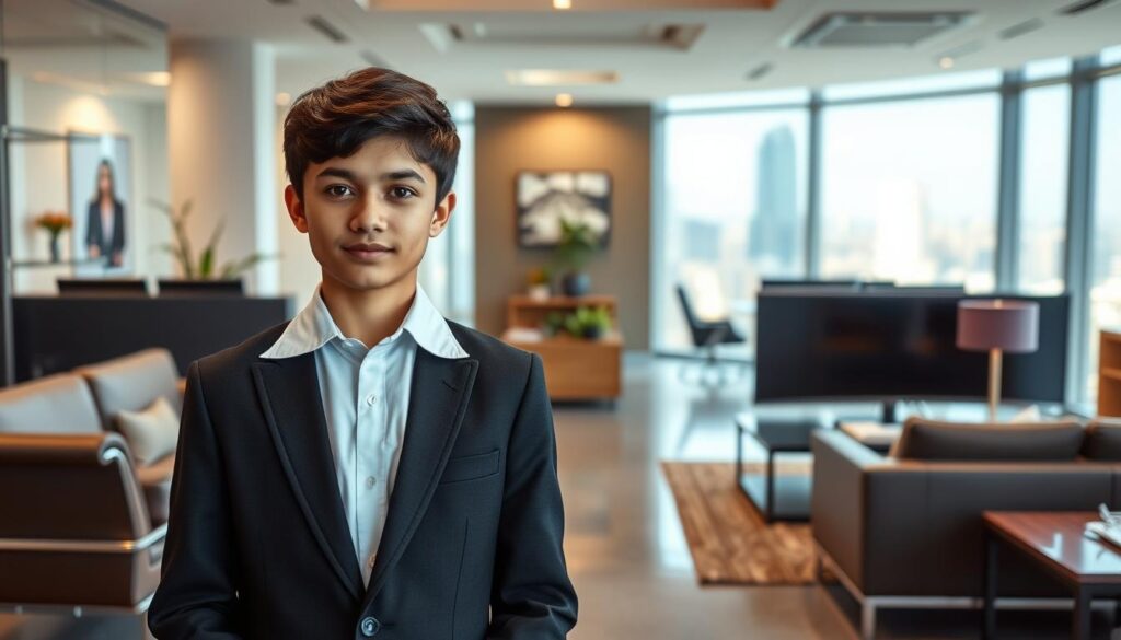 A young person in a professional outfit, standing confidently in a modern office setting. The foreground features the apprentice, their attentive expression and serious demeanor conveying a sense of dedication and focus. The middle ground showcases the office environment, with clean lines, sleek furniture, and a large window providing natural lighting. The background subtly hints at the company's success, with tasteful decor and a view of a bustling city skyline. The overall atmosphere is one of professionalism, growth, and the promise of a bright future for the young apprentice. A young person in a professional outfit, standing confidently in a modern office setting. The foreground features the apprentice, their attentive expression and serious demeanor conveying a sense of dedication and focus. The middle ground showcases the office environment, with clean lines, sleek furniture, and a large window providing natural lighting. The background subtly hints at the company's success, with tasteful decor and a view of a bustling city skyline. The overall atmosphere is one of professionalism, growth, and the promise of a bright future for the young apprentice.