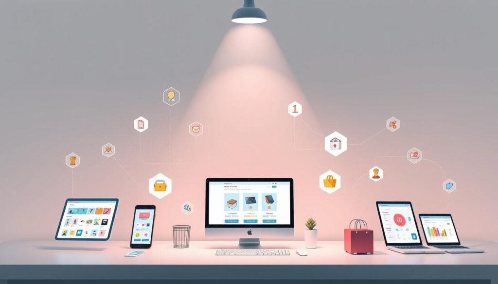 An integrated platform for seamless online sales, showcasing a digital marketplace with various product categories, intuitive user interfaces, and secure transaction flows. The scene depicts a modern, clean design with sleek product displays, interconnected icons, and a vibrant color palette suggesting the integration of multiple sales channels. Soft directional lighting from above creates depth and highlights the responsive layout, while the background features a subtle gradient representing the interconnectivity of the digital sales ecosystem. The overall atmosphere conveys a sense of efficiency, accessibility, and the synergy between different sales platforms.