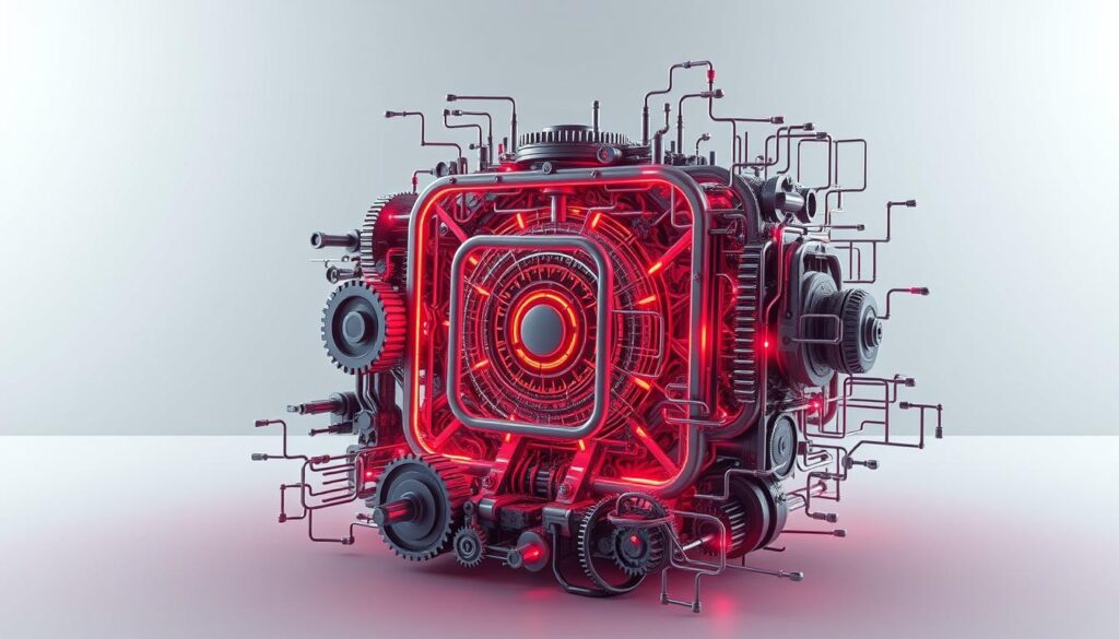 An intricate, three-dimensional illustration of the Instagram algorithm, depicted as a complex, futuristic machine. The foreground features the central processing core, a mesmerizing arrangement of gears, cogs, and spinning data streams. The middle ground showcases the algorithm's inner workings, with intricate algorithms and neural networks intertwined, pulsing with vivid, neon-like energy. The background frames this technological marvel against a sleek, minimalist backdrop, evoking a sense of precision and efficiency. The overall scene conveys the algorithm's immense power and influence, balanced by a subtle sense of mystery and complexity. Lighting is crisp, with strategic use of shadows to accentuate the depth and dimensionality of the machine. The camera angle is slightly elevated, inviting the viewer to peer into the heart of this digital ecosystem.