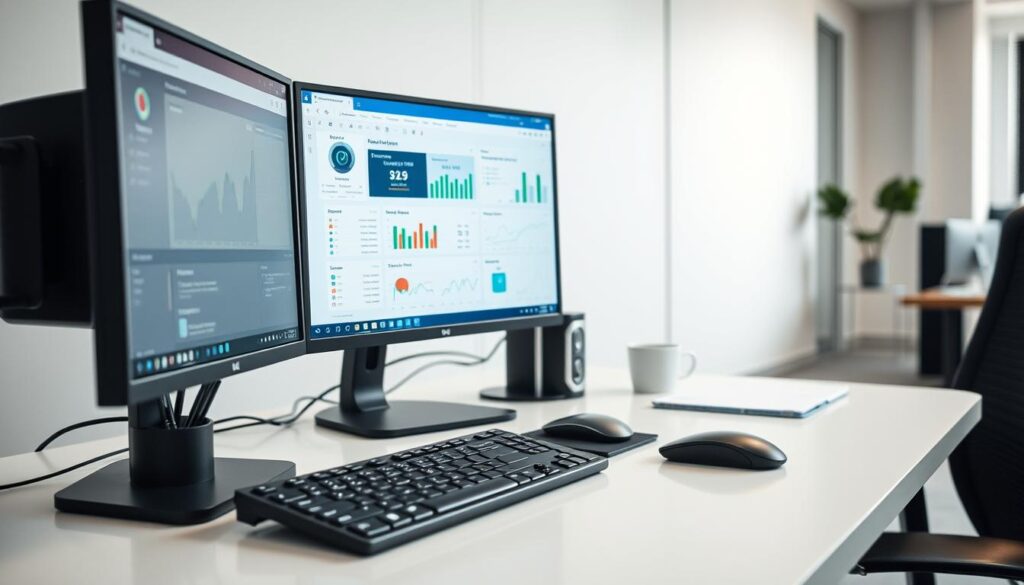 Detailed configuration of a digital advertising manager's workspace. A professional-grade computer setup with multiple monitors, a keyboard, and a mouse on a clean, minimalist desk. The foreground features the computer's display, showcasing the advertising management software interface with various controls and metrics. The middle ground depicts the desk surface and office accessories like a pen holder, a notepad, and a coffee mug. The background suggests a modern, well-lit office environment with subtle hints of architectural elements such as walls or windows. The overall scene conveys a sense of organization, productivity, and technological sophistication suitable for managing online advertising campaigns.