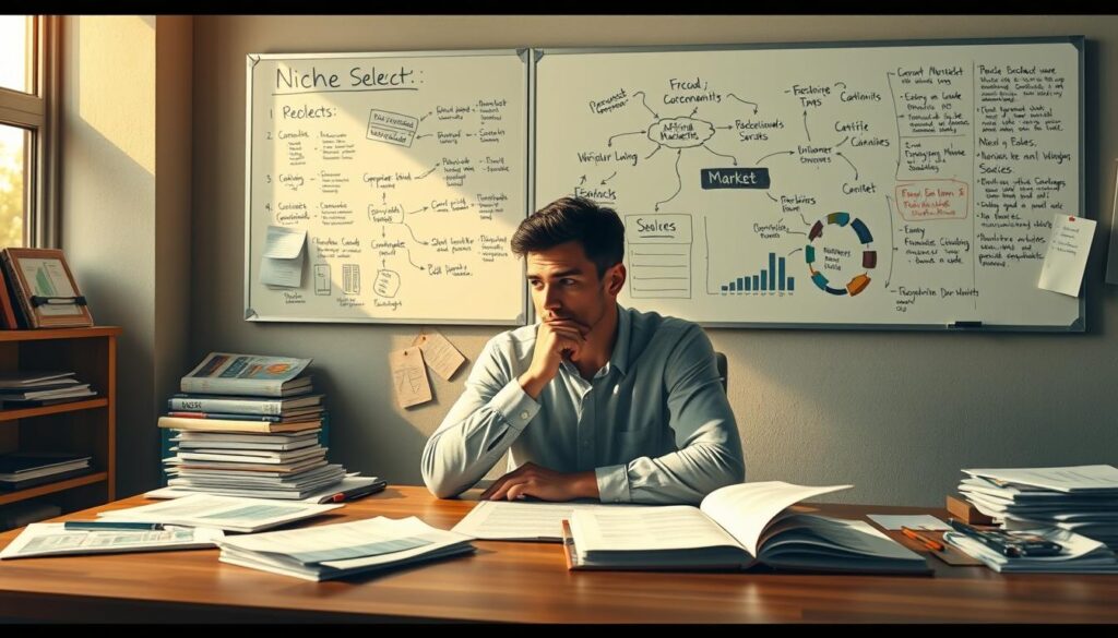Detailed illustration of an affiliate marketing niche selection process. A thoughtful person sits at a wooden desk, surrounded by various research materials - market data, product catalogs, customer demographics. Warm, natural lighting casts a contemplative mood. In the background, a wall-mounted whiteboard displays mind maps, flow charts, and notes, guiding the selection of a lucrative yet underserved niche market. The composition emphasizes the careful, analytical approach to identifying the optimal opportunity for successful affiliate marketing. Detailed illustration of an affiliate marketing niche selection process. A thoughtful person sits at a wooden desk, surrounded by various research materials - market data, product catalogs, customer demographics. Warm, natural lighting casts a contemplative mood. In the background, a wall-mounted whiteboard displays mind maps, flow charts, and notes, guiding the selection of a lucrative yet underserved niche market. The composition emphasizes the careful, analytical approach to identifying the optimal opportunity for successful affiliate marketing.