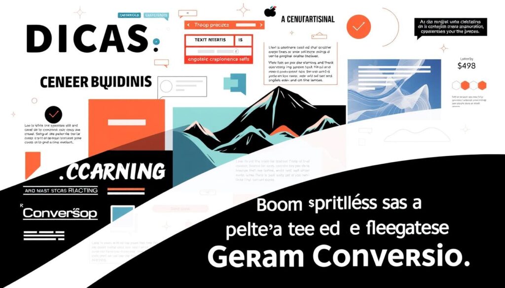 A captivating digital illustration depicting a visually engaging and conversion-focused presentation of various text elements and imagery. The foreground showcases an assortment of typographic treatments, including bold headlines, informative subheadings, and dynamic callouts, all masterfully arranged to draw the viewer's attention. The middle ground features vibrant, high-quality stock imagery that seamlessly complements the textual content, creating a harmonious and visually striking composition. The background subtly incorporates subtle gradients, geometric patterns, and subtle textures, establishing a professional, modern, and inviting atmosphere. The overall scene exudes a sense of balance, inspiration, and the potential for impactful conversion, perfectly capturing the essence of the "Dicas Práticas para Textos e Imagens que Geram Conversão" section. A captivating digital illustration depicting a visually engaging and conversion-focused presentation of various text elements and imagery. The foreground showcases an assortment of typographic treatments, including bold headlines, informative subheadings, and dynamic callouts, all masterfully arranged to draw the viewer's attention. The middle ground features vibrant, high-quality stock imagery that seamlessly complements the textual content, creating a harmonious and visually striking composition. The background subtly incorporates subtle gradients, geometric patterns, and subtle textures, establishing a professional, modern, and inviting atmosphere. The overall scene exudes a sense of balance, inspiration, and the potential for impactful conversion, perfectly capturing the essence of the "Dicas Práticas para Textos e Imagens que Geram Conversão" section.