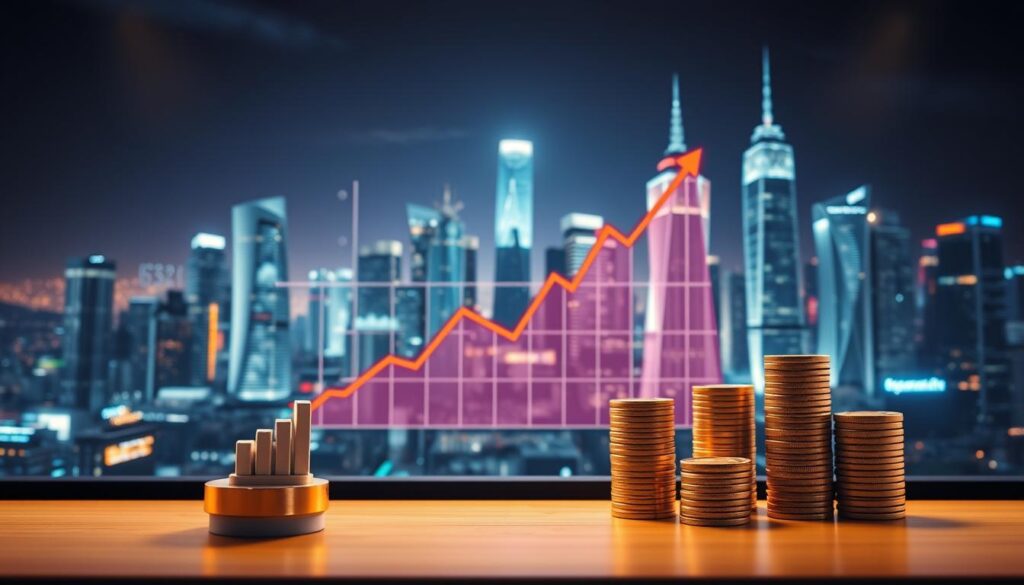 A digital marketing strategy with various monetization methods displayed prominently in the foreground. In the middle ground, a stylized graph or chart showcasing growth and financial success. The background features a futuristic cityscape with gleaming skyscrapers, representing the digital landscape of 2025. The overall scene conveys a sense of innovation, technological advancement, and the financial opportunities available through effective digital marketing. Soft, warm lighting illuminates the scene, creating an inviting and aspirational atmosphere.