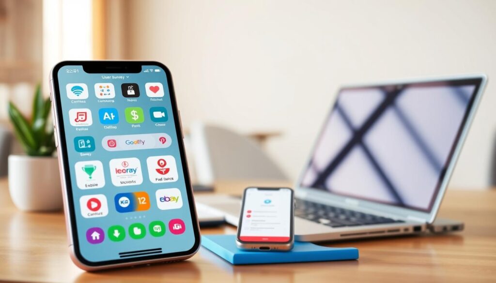 A vibrant and dynamic scene showcasing various digital platforms and applications for earning extra income. In the foreground, a smartphone displays a range of user-friendly mobile apps, each representing different income-generating opportunities, such as online surveys, task-based work, and e-commerce platforms. The middle ground features a sleek, minimalist laptop, symbolizing the flexibility of remote earning through web-based platforms. The background is a warm, inviting workspace, with a clean desk, ergonomic chair, and natural lighting, creating an atmosphere of productivity and financial empowerment. The overall composition conveys the accessibility and diversity of online earning tools, catering to a wide range of digital-savvy individuals seeking to supplement their income. A vibrant and dynamic scene showcasing various digital platforms and applications for earning extra income. In the foreground, a smartphone displays a range of user-friendly mobile apps, each representing different income-generating opportunities, such as online surveys, task-based work, and e-commerce platforms. The middle ground features a sleek, minimalist laptop, symbolizing the flexibility of remote earning through web-based platforms. The background is a warm, inviting workspace, with a clean desk, ergonomic chair, and natural lighting, creating an atmosphere of productivity and financial empowerment. The overall composition conveys the accessibility and diversity of online earning tools, catering to a wide range of digital-savvy individuals seeking to supplement their income.