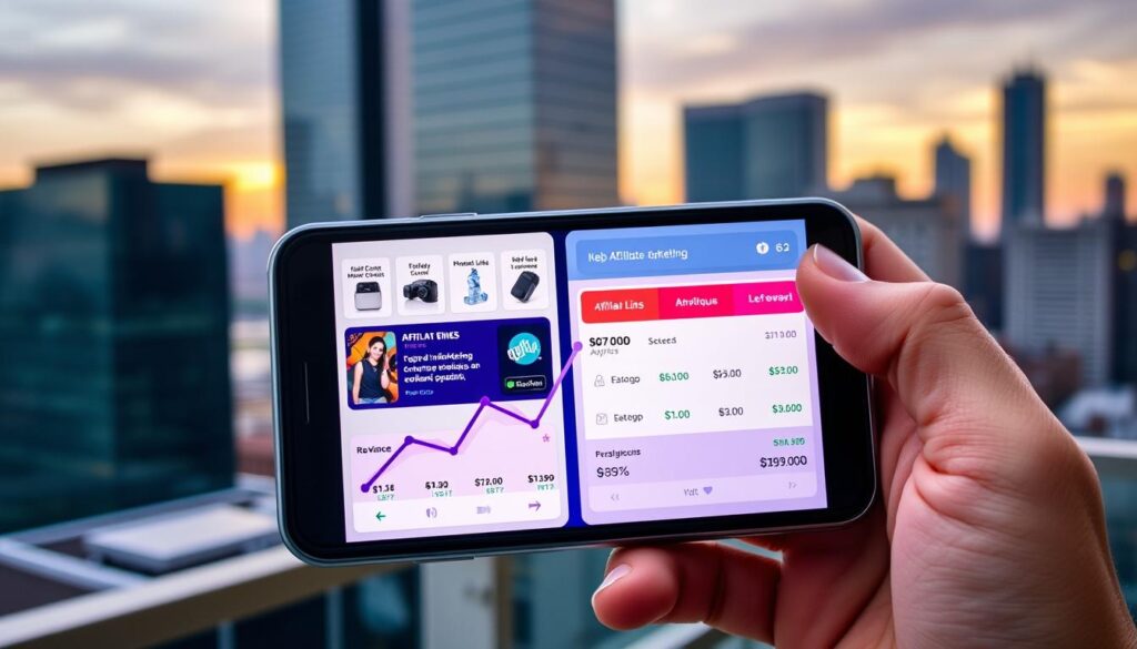 A vibrant smartphone screen displaying a mobile affiliate marketing app interface, showcasing various product offers, affiliate links, and analytics data. In the foreground, a hand holds the device, highlighting the seamless integration of mobile technology and affiliate marketing. The middle ground features a stylized graph or chart visualizing revenue growth, reflecting the success of this monetization method. The background depicts a modern urban setting, with skyscrapers and a city skyline, emphasizing the ubiquity and accessibility of mobile-based affiliate marketing. The overall scene conveys a sense of entrepreneurial opportunity, digital innovation, and the potential for generating a lucrative passive income stream through mobile-centric affiliate strategies. A vibrant smartphone screen displaying a mobile affiliate marketing app interface, showcasing various product offers, affiliate links, and analytics data. In the foreground, a hand holds the device, highlighting the seamless integration of mobile technology and affiliate marketing. The middle ground features a stylized graph or chart visualizing revenue growth, reflecting the success of this monetization method. The background depicts a modern urban setting, with skyscrapers and a city skyline, emphasizing the ubiquity and accessibility of mobile-based affiliate marketing. The overall scene conveys a sense of entrepreneurial opportunity, digital innovation, and the potential for generating a lucrative passive income stream through mobile-centric affiliate strategies.