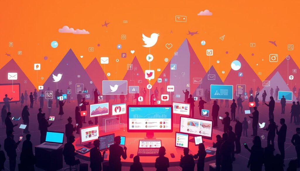 Prompt A dynamic digital landscape of social media strategies, showcasing a vibrant array of connected devices, interactive interfaces, and engaged users. Set against a backdrop of bold, geometric shapes and gradients, the scene conveys a sense of technological innovation and strategic planning. Positioned in the foreground, a central hub of social platforms, analytics dashboards, and content creation tools, illuminated by a warm, directional lighting that emphasizes the depth and dimensionality of the composition. The overall mood is one of purposeful, data-driven decision-making, harnessing the power of digital media to drive business success.