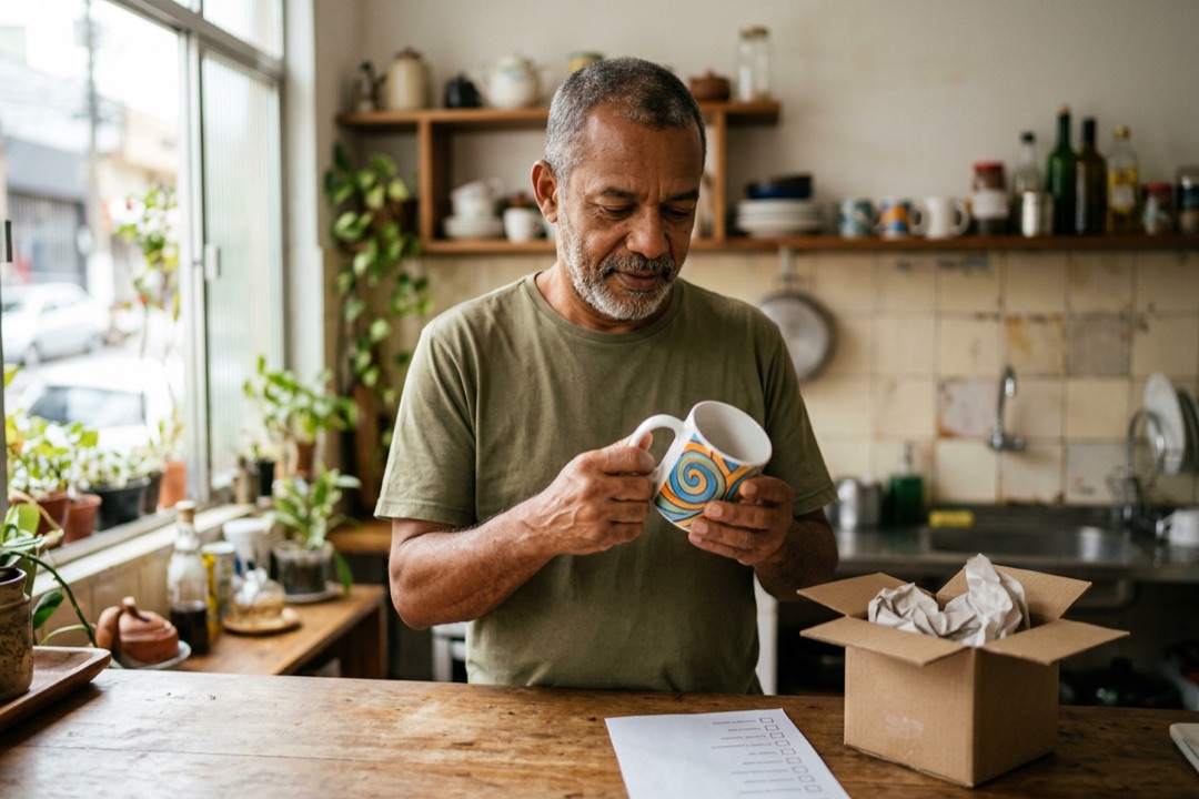 Homem conferindo uma caneca com estampa abstrata antes de embalar para vender