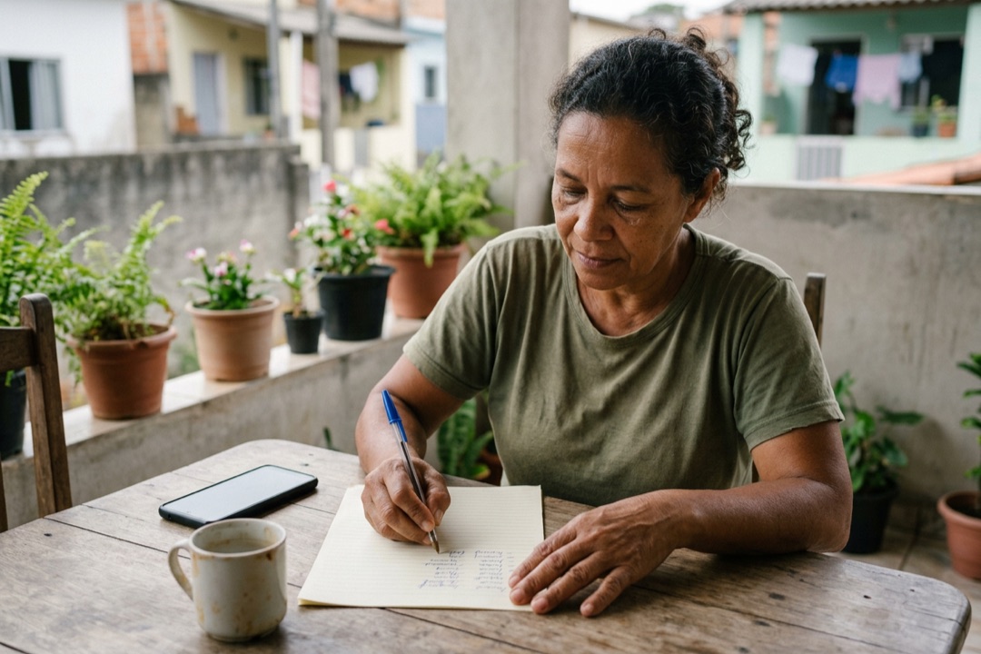 Mulher anota numa folha, na varanda de casa, a lista das dívidas que encontrou na consulta.