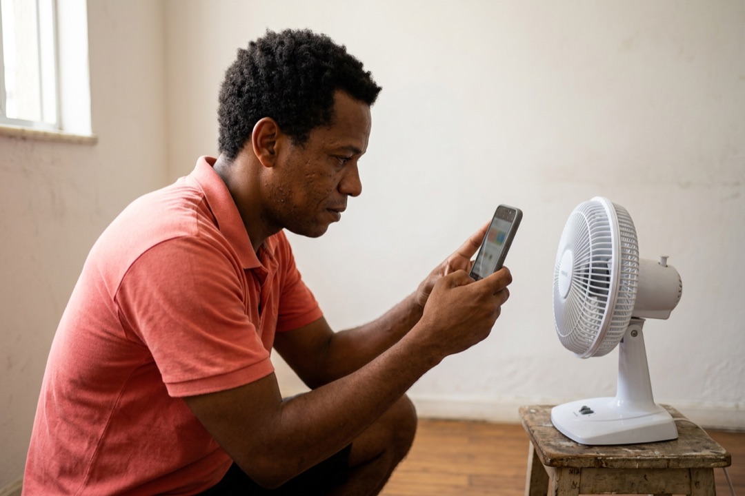 Homem agachado tirando foto de um ventilador pequeno diante de uma parede clara, com luz do dia