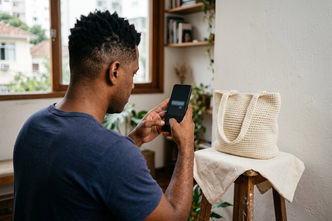 Homem fotografa com o celular uma bolsa de crochê inteira sobre um banco, perto da janela, com luz natural.