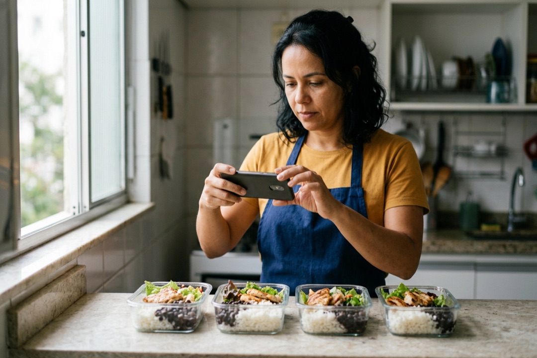 Mulher fotografando marmitas prontas com o celular numa cozinha pequena