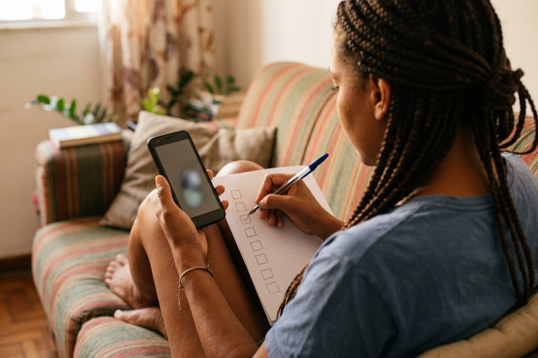 Mulher no sofá de casa segurando o celular e marcando itens de uma lista no papel enquanto confere o próprio site