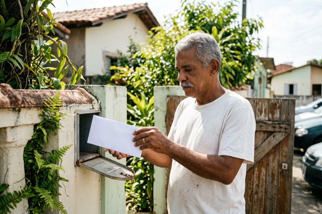 Homem na entrada de casa tirando uma carta da caixa de correio, como a que traz o PIN do AdSense