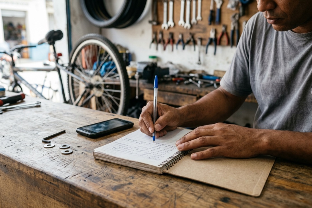 Homem anota num caderno de espiral no balcão de uma oficina de bicicletas, com o celular ao lado