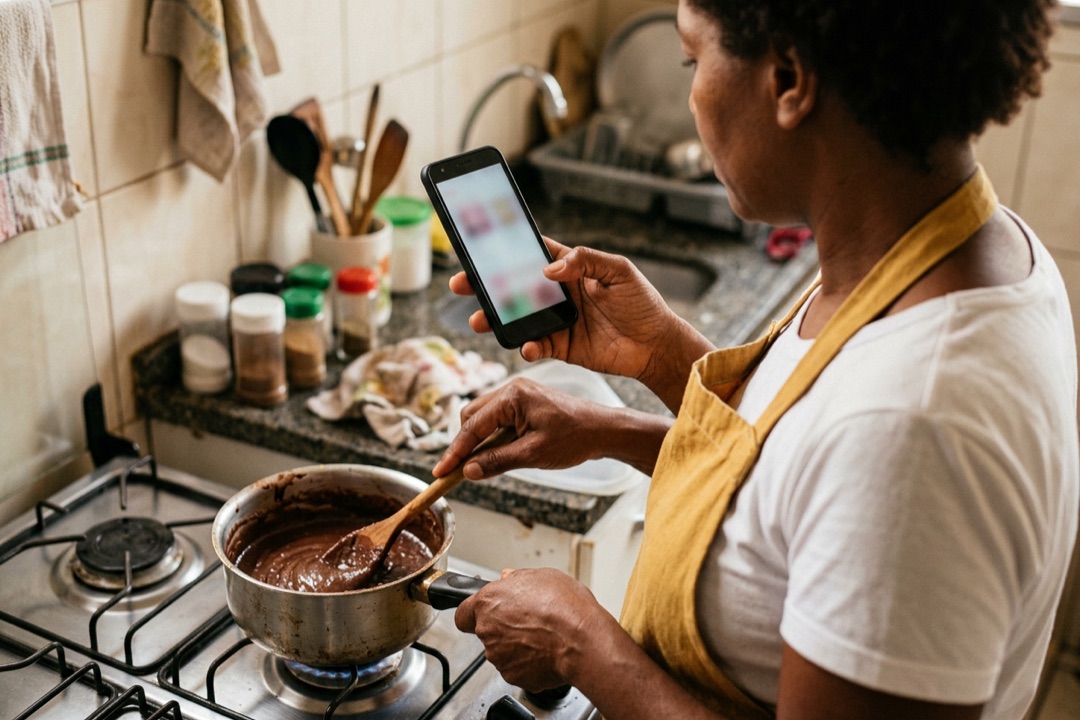 Mulher grava com o celular um brigadeiro cozinhando na panela, enquanto mexe com a colher de pau