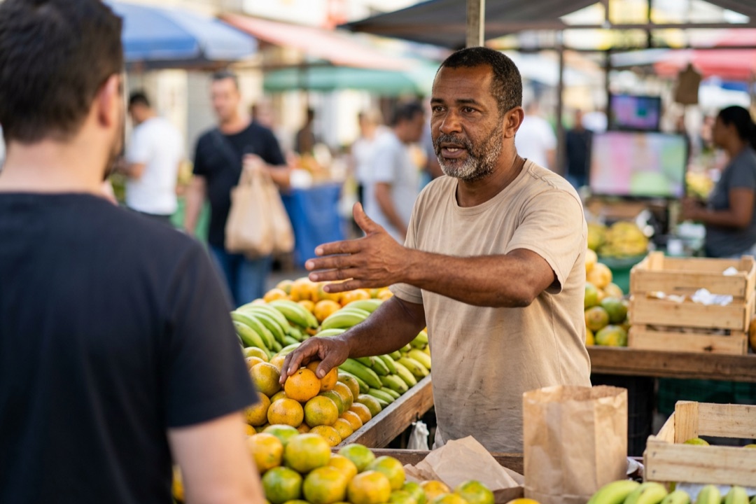 Feirante em sua barraca de frutas falando com um cliente, como o vendedor de feira que a VSL imita.